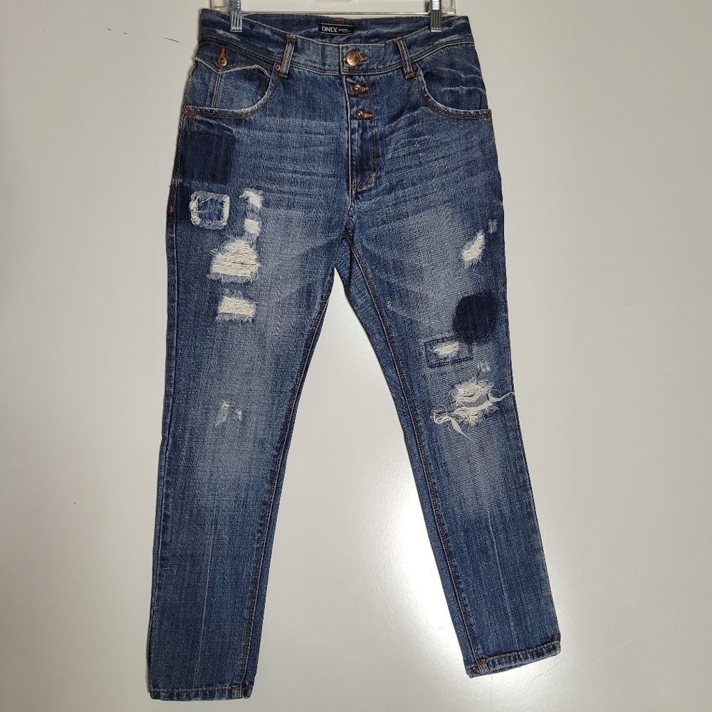 28 ONLY Gwen European distressed OOAK artisan Boyfriend loose fit blue JEANS 32